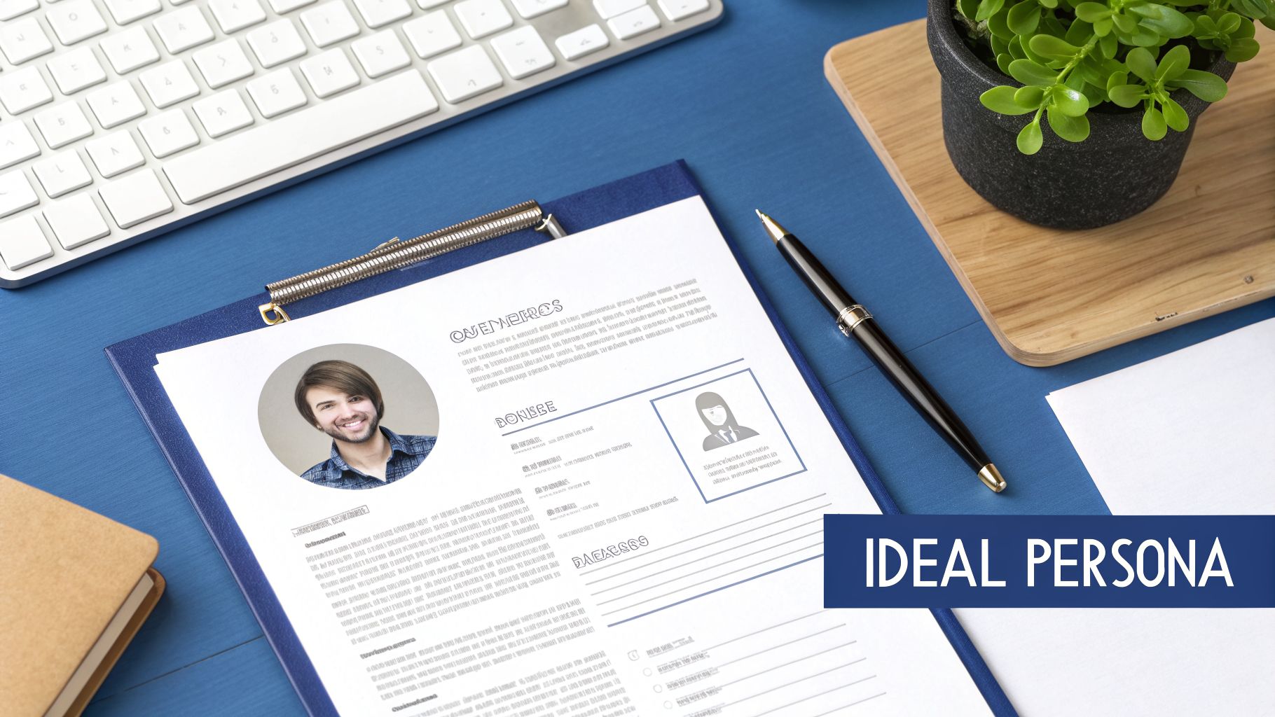 Overhead view of a resume with a smiling man's photo on a blue desk, promoting an ideal persona.