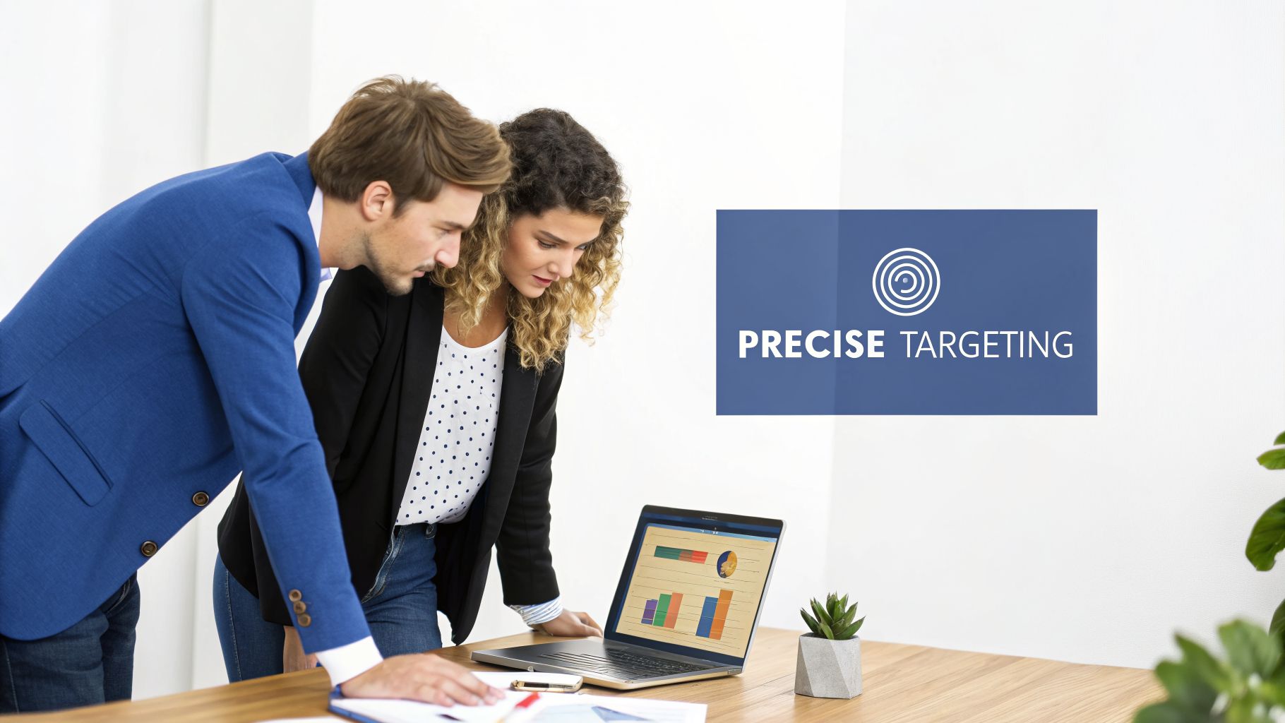 Two business professionals analyzing data and charts on a laptop, with a 'Precise Targeting' sign.