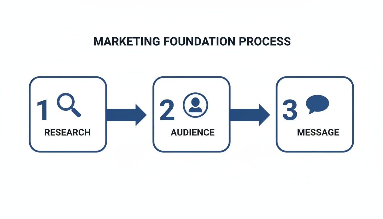 Infographic illustrating the three-step marketing foundation process: research, audience, and message development.