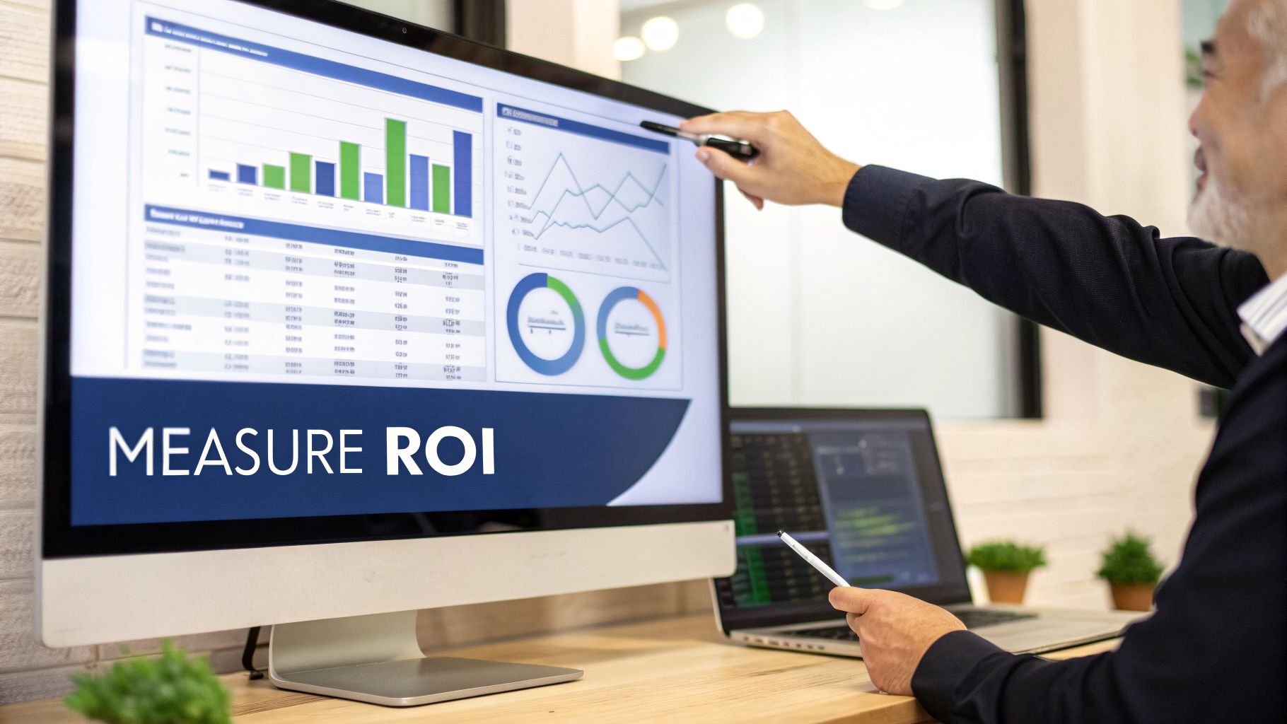 Person pointing at a computer screen displaying business data, charts, and 'MEASURE ROI' text.