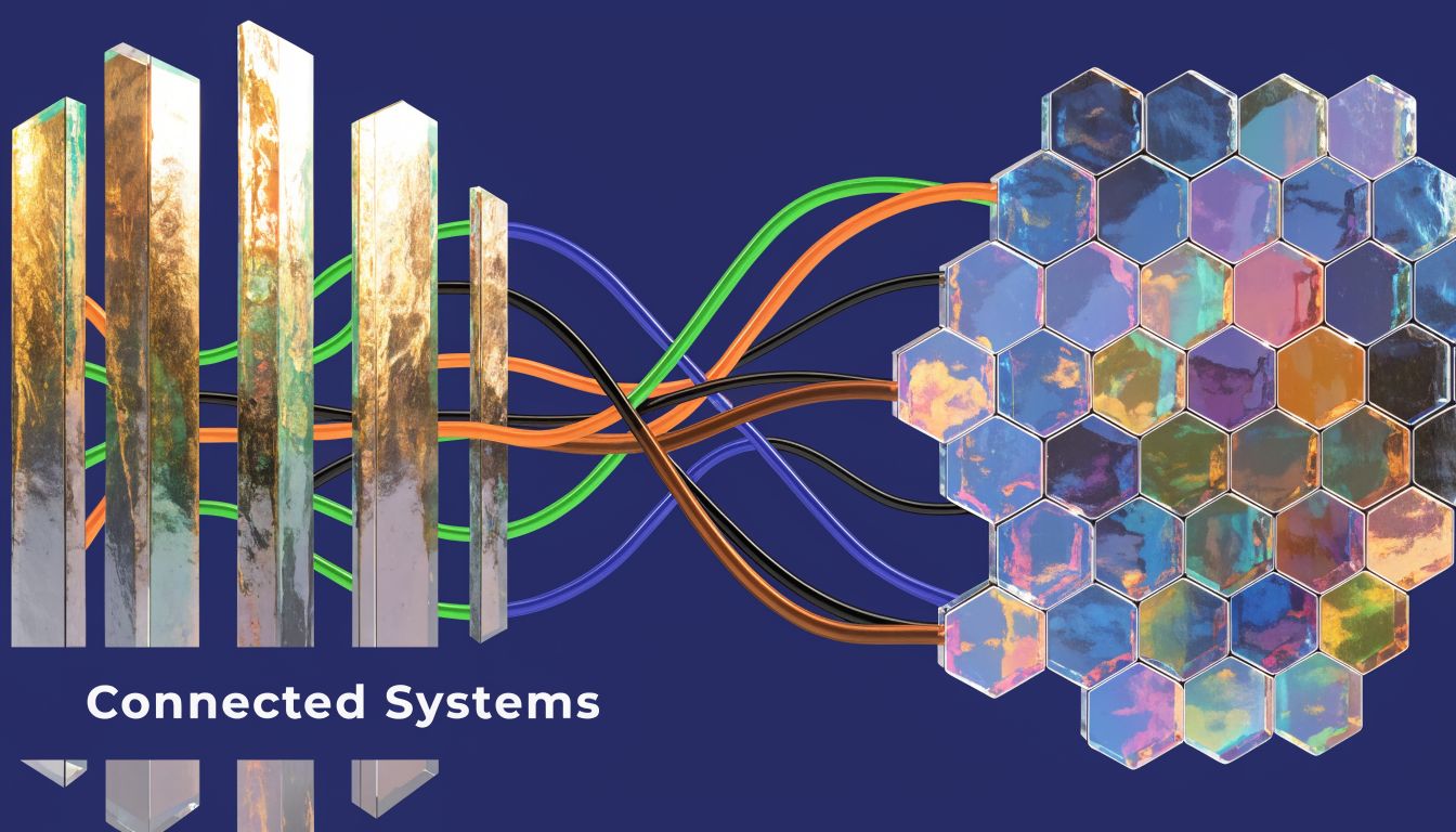 Abstract representation of connected digital systems featuring metallic bars and interconnected colorful hexagonal network nodes.