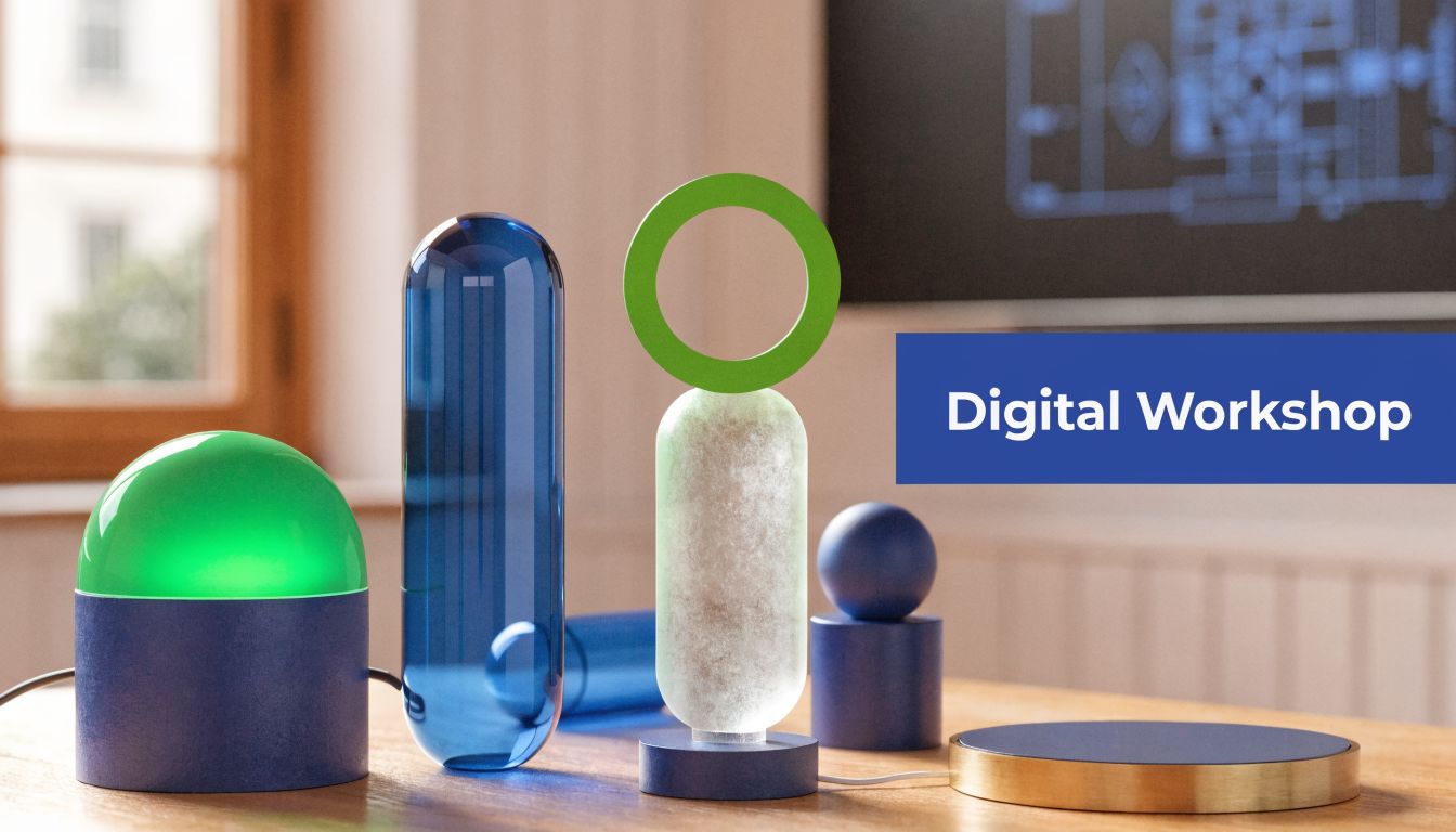 Abstract geometric shapes made of glass and blue material sit on a wooden desk near a screen.