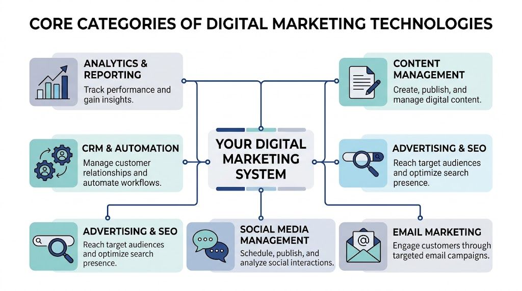 A diagram illustrating the core categories of digital marketing technologies connected to a central marketing system.