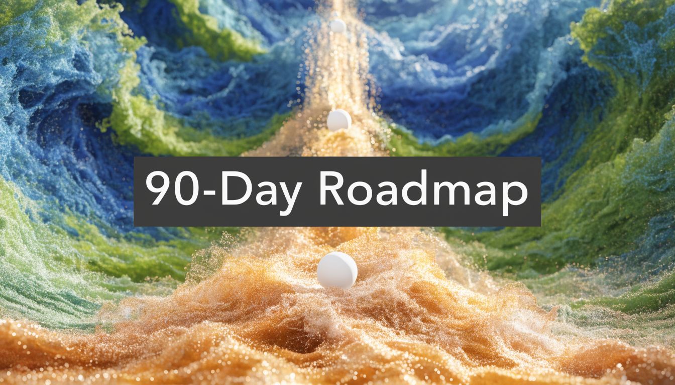 A conceptual 90-day roadmap graphic featuring a path moving through colorful, flowing abstract particle waves.