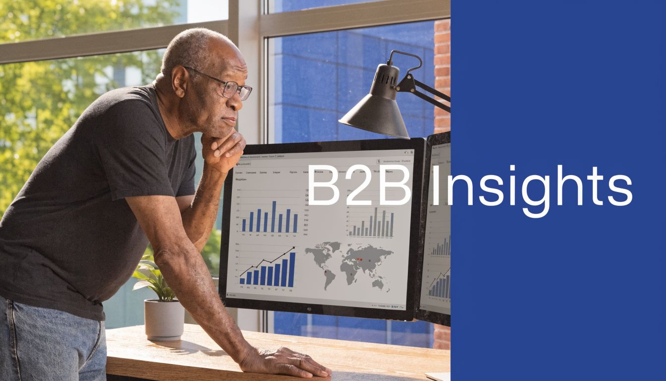 A professional man in glasses examining data dashboards on dual computer monitors in a bright workspace.