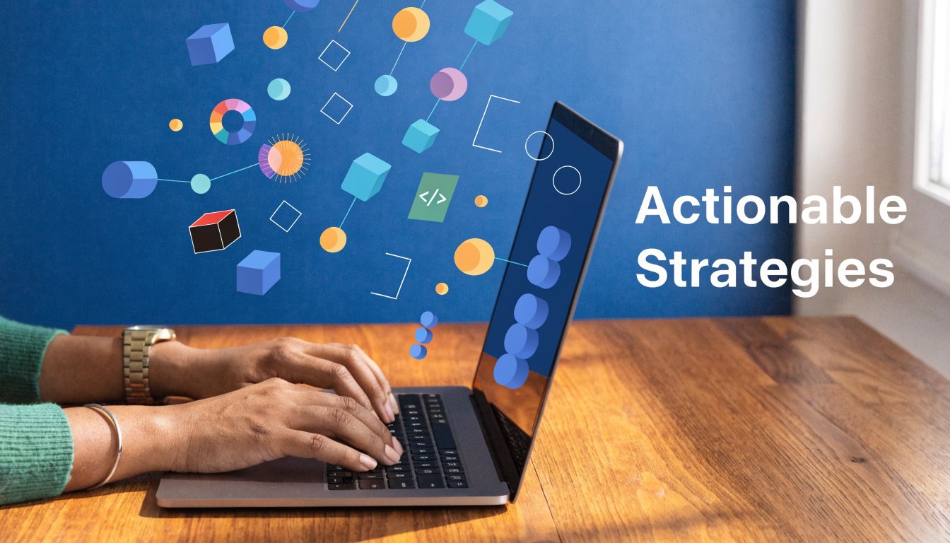 A person typing on a laptop surrounded by digital icons and abstract graphic elements.