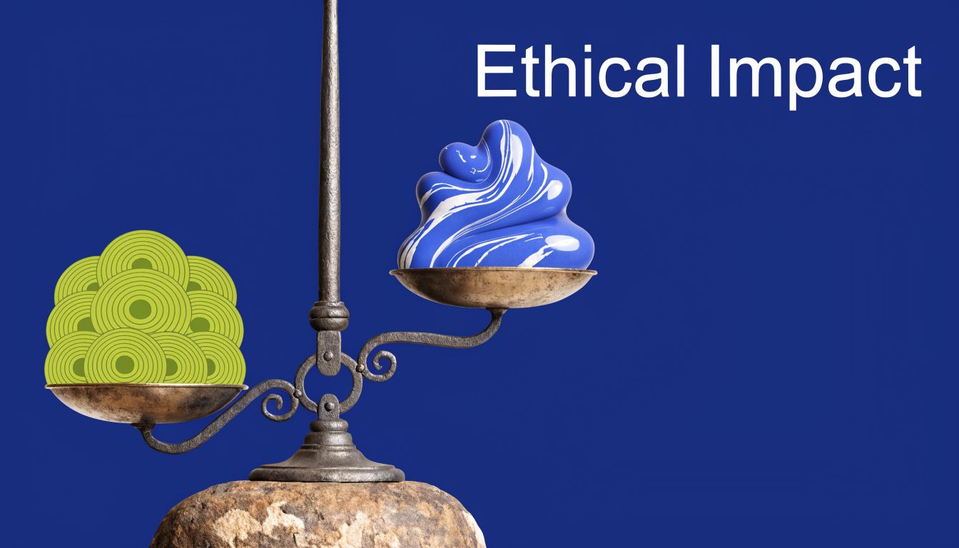 An antique balance scale holds green circular patterns on one side and a blue-and-white swirl on the other.