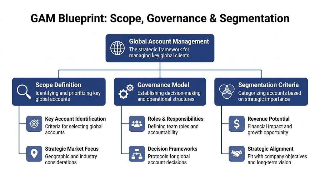 A structured flowchart outlining the framework for global account management covering scope, governance, and segmentation strategies.