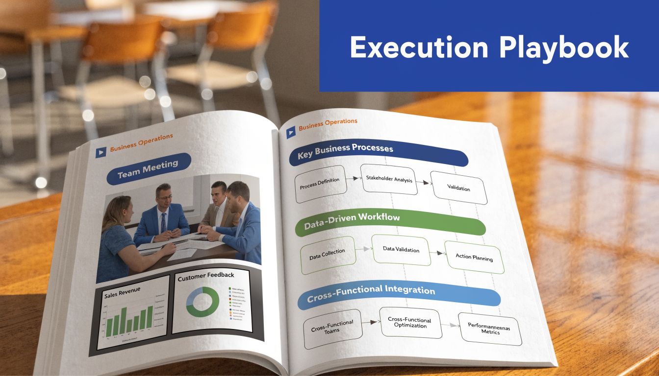 A professional execution playbook opened on a wooden table, detailing business processes, data-driven workflows, and cross-functional integration.