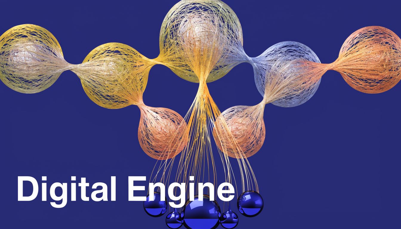A conceptual 3D visualization showing an interconnected network structure labeled with the text Digital Engine.