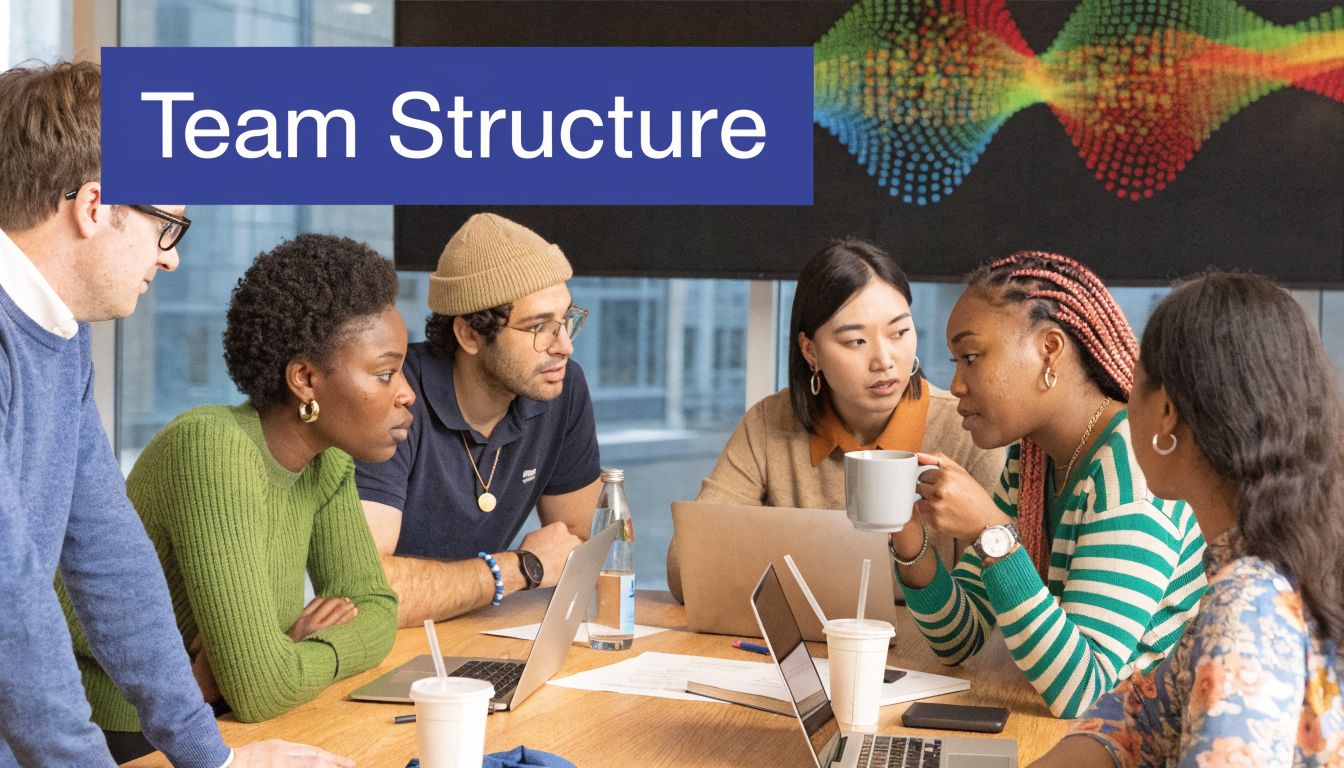 A diverse group of professionals working together collaboratively around a wooden table in a modern office space.