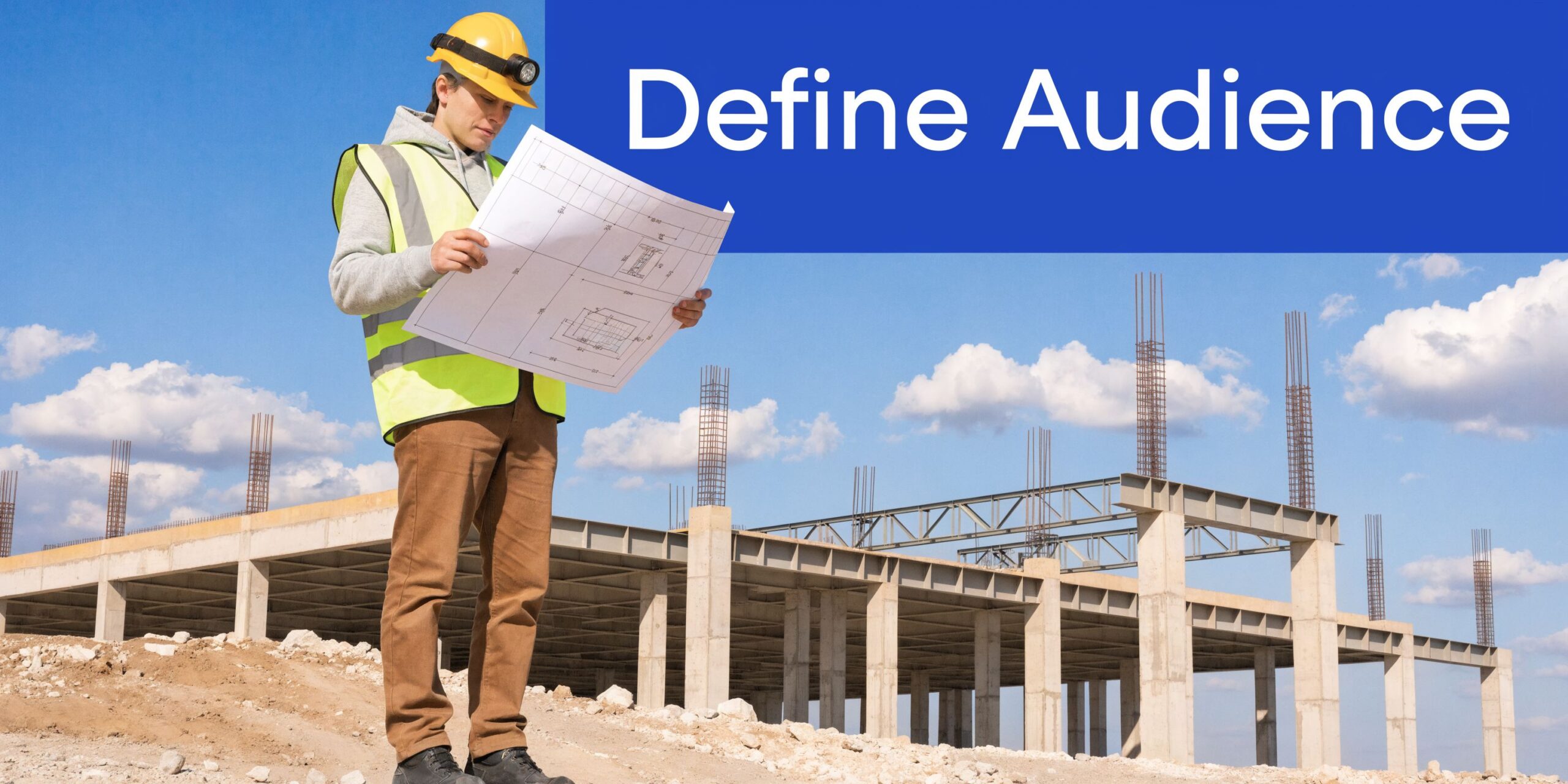 A construction engineer in a hard hat and safety vest reviews blueprints at a building site.