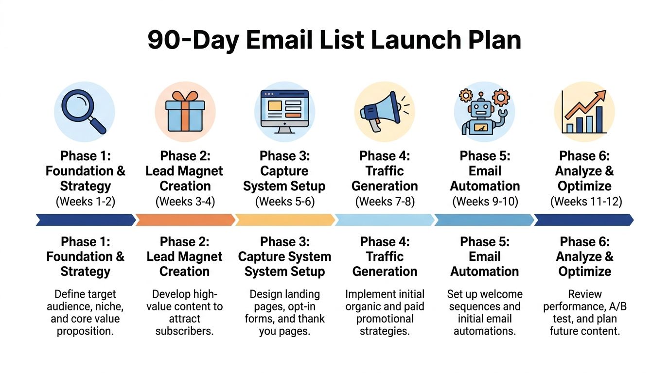 A 90-day email list launch plan infographic outlining six phases from foundation and strategy to optimization.