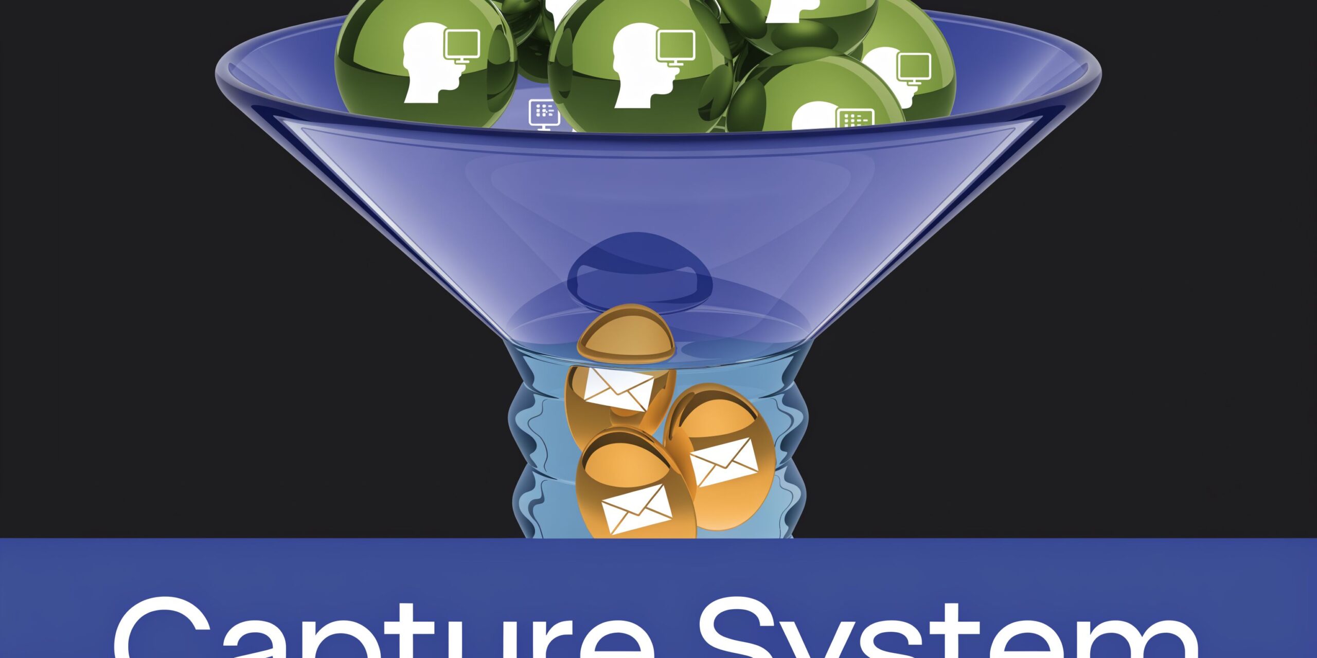 A digital graphic depicting a funnel transforming user profiles into golden email icons representing a lead capture system.