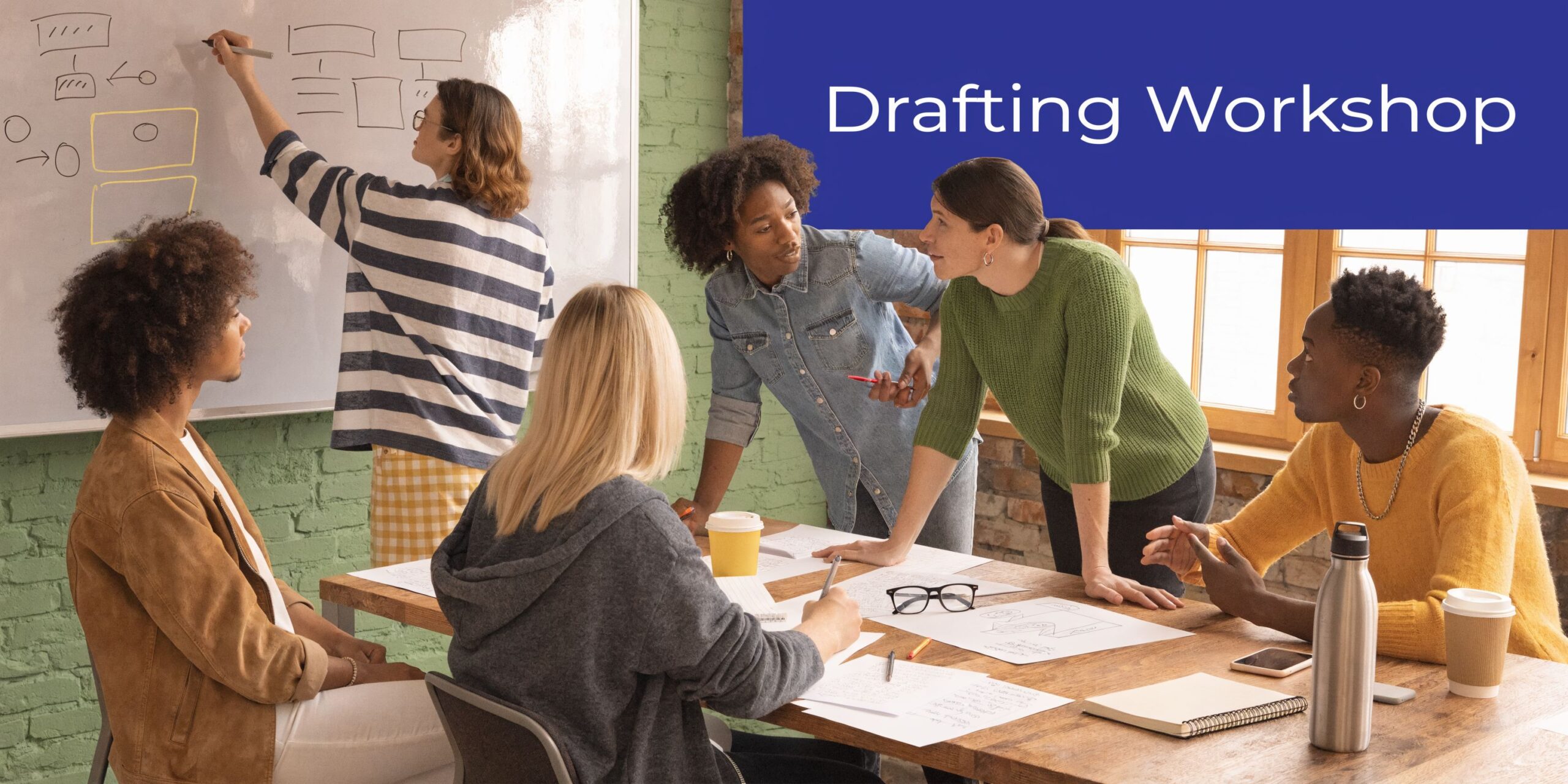 A diverse group of professionals collaborates in an office setting, discussing ideas during a brainstorming workshop session.