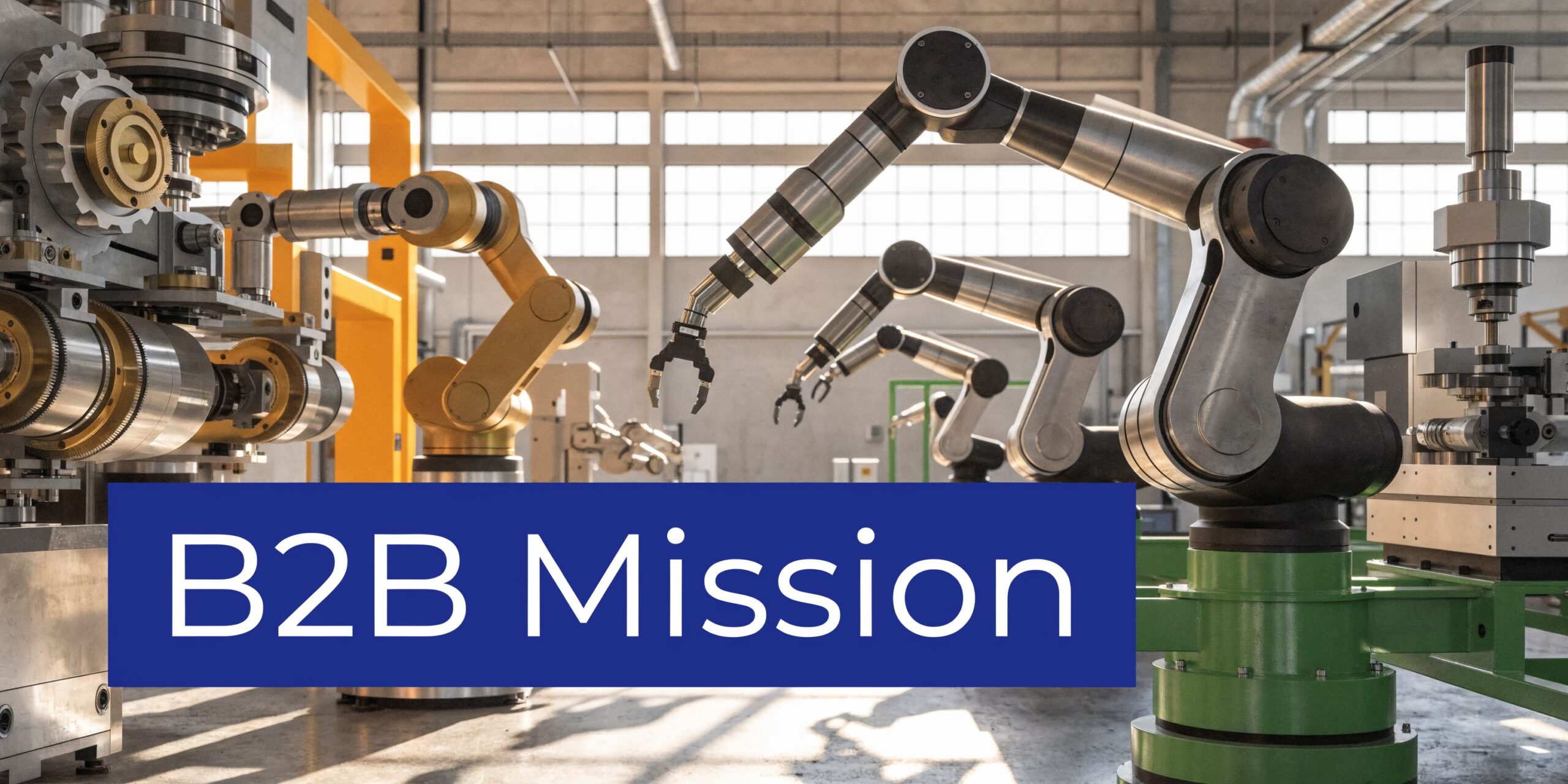 A row of industrial robotic arms working on an automated production line in a manufacturing factory setting.