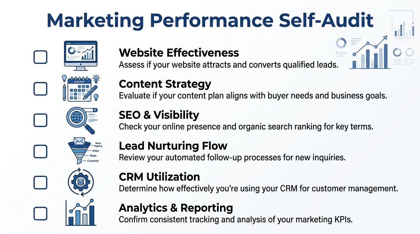 A checklist titled Marketing Performance Self-Audit, outlining six key areas for evaluating business marketing strategies.