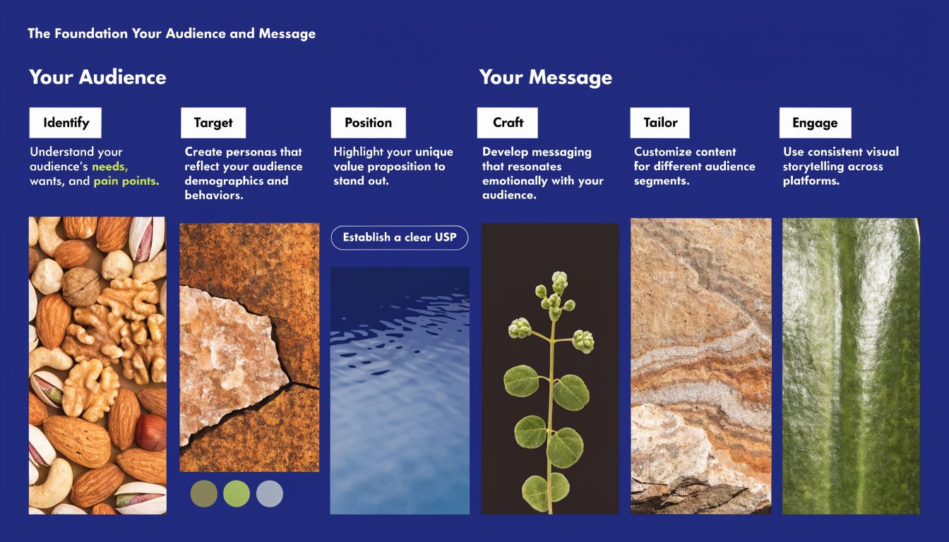 An infographic titled The Foundation Your Audience and Message explaining branding steps through text and nature imagery.