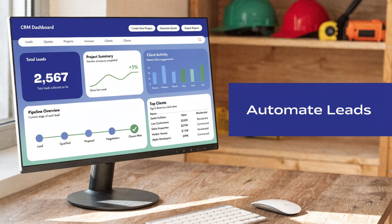 A computer monitor displaying a CRM dashboard for general contractors on a wooden office desk.