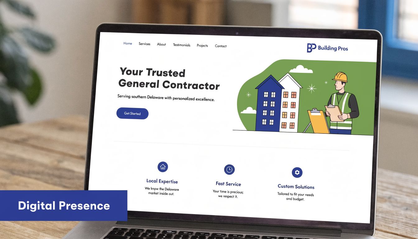A laptop screen displaying the professional website for Building Pros, a general contractor based in Delaware.