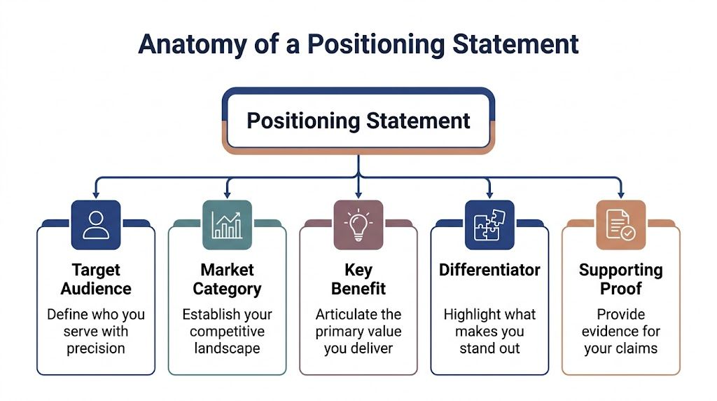 A diagram illustrating the five essential components of a business positioning statement for marketing strategy planning.