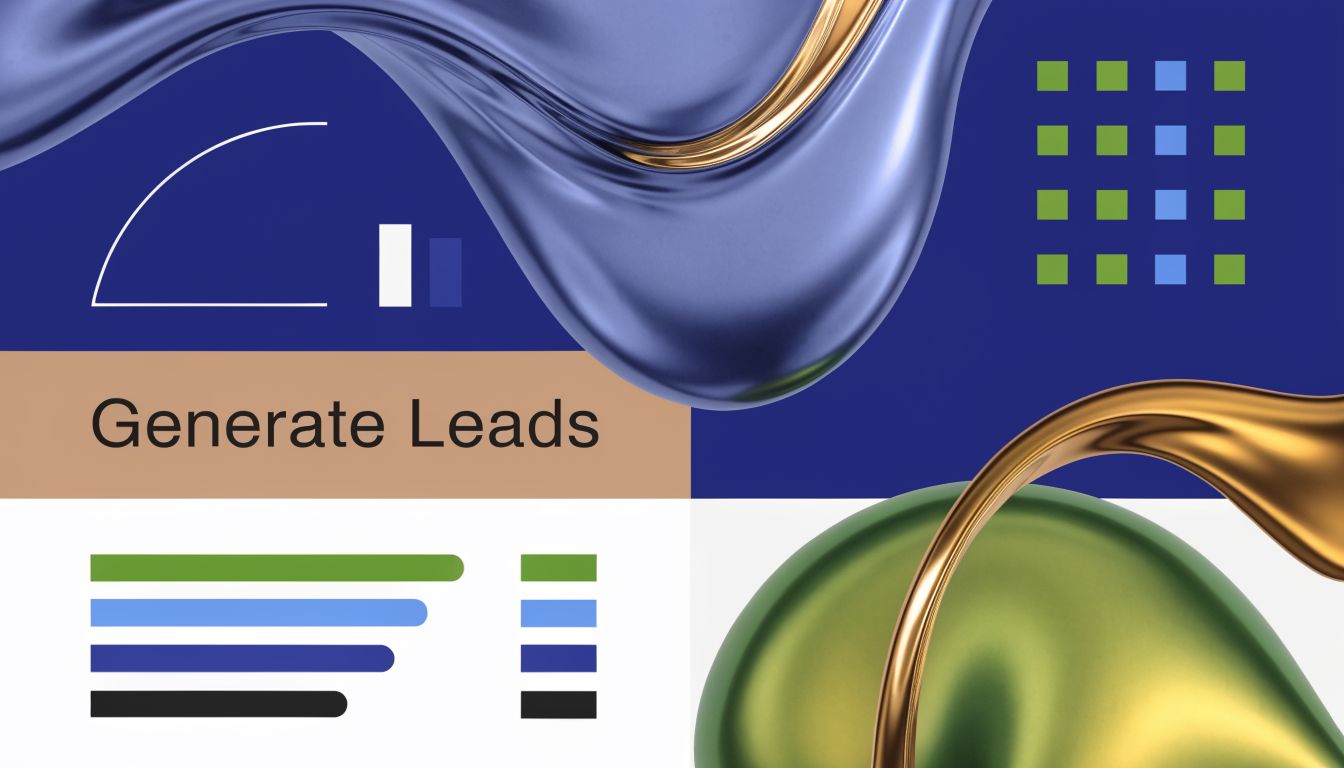 A modern graphic design featuring the text Generate Leads with abstract fluid shapes and professional data charts.