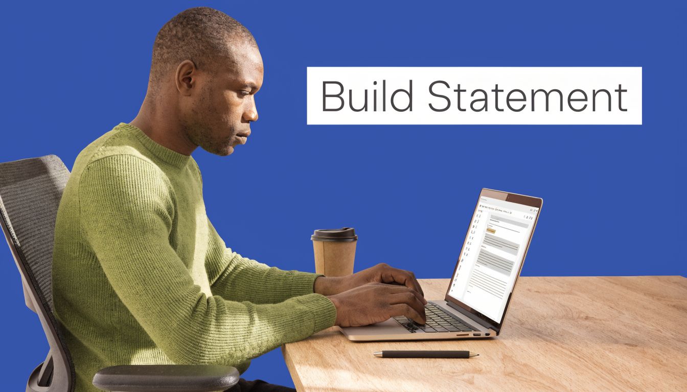 A man in a green sweater working on a laptop at a desk with a coffee cup.