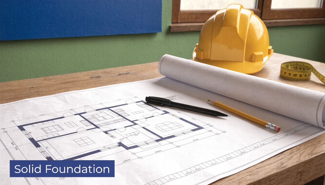 A yellow hard hat rests on a wooden desk next to building blueprints, a pencil, and tape measure.