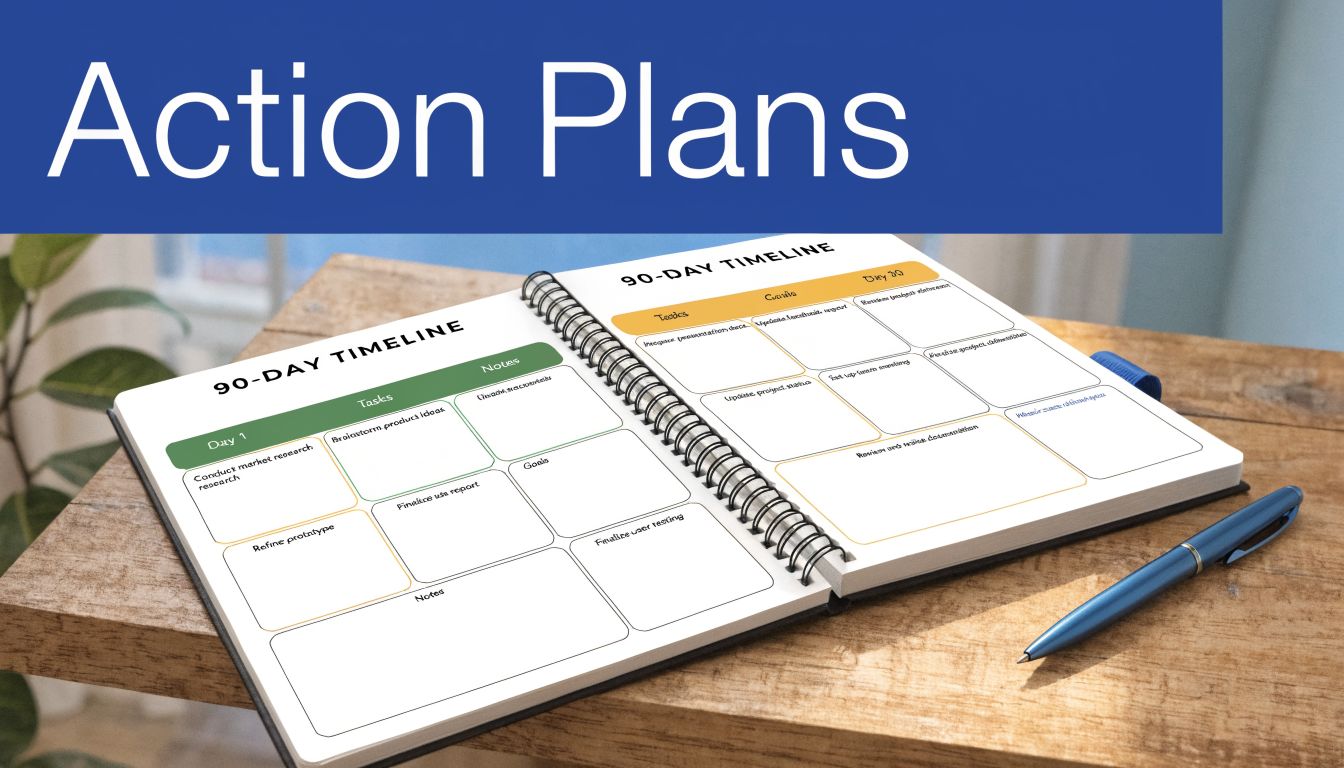 An open planner on a wooden desk showing 90-day timeline sections with space for tasks and goals.