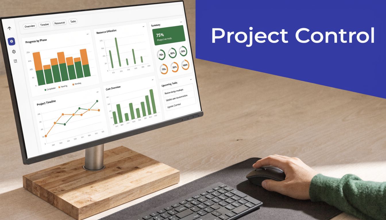 A person using a computer workstation with a project management dashboard showing charts and project control data.