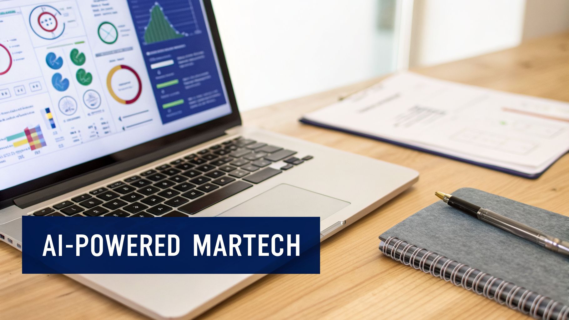 A laptop screen displays AI-powered MarTech dashboards with various charts and data on a wooden desk.