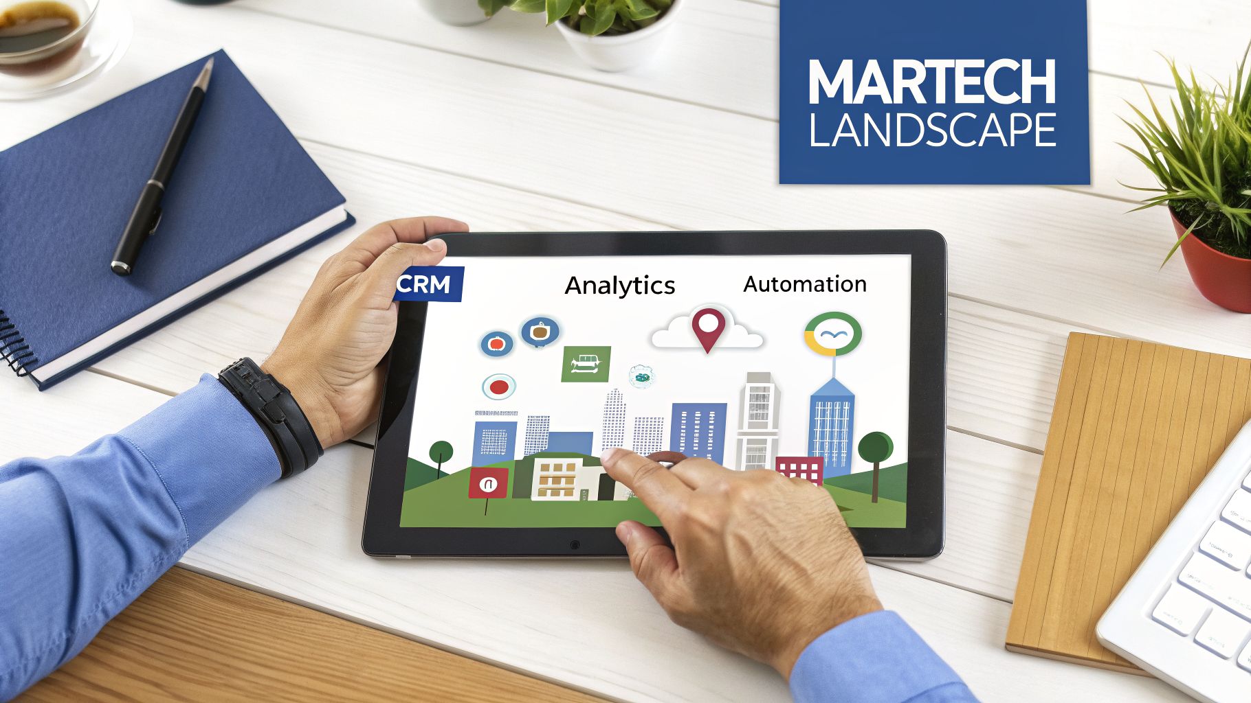 A person interacts with a tablet showing a Martech Landscape diagram with CRM, Analytics, and Automation sections.