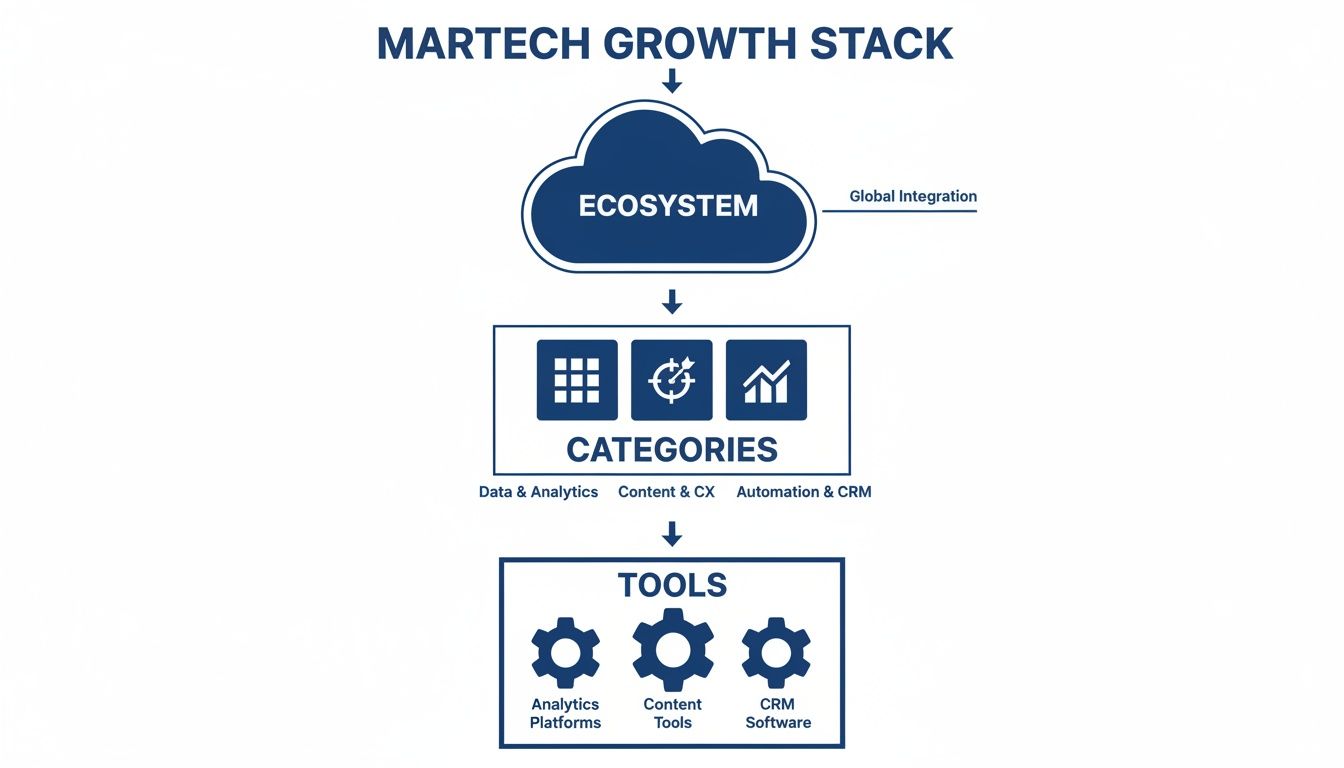 A Martech Growth Stack diagram showing Ecosystem, Categories (Data, Content, Automation), and specific Tools.