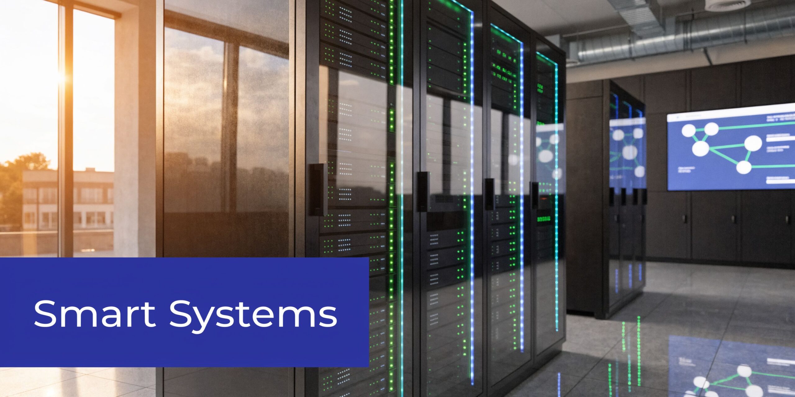 A sleek server room featuring multiple rows of data racks with glowing green indicators and blue digital overlays.