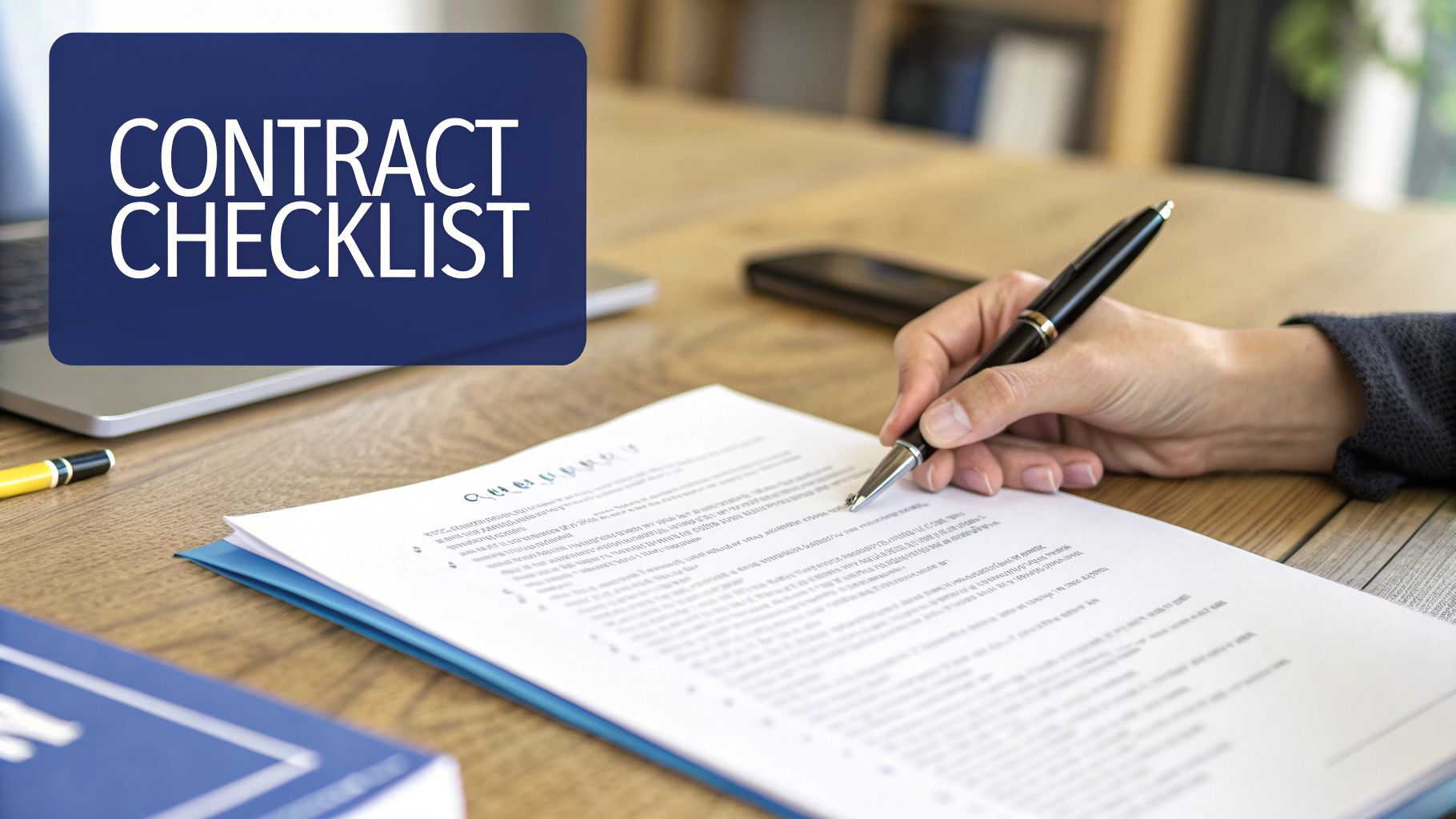 A person's hand signing a contract document with a pen on a wooden desk, with a 'CONTRACT CHECKLIST' overlay.