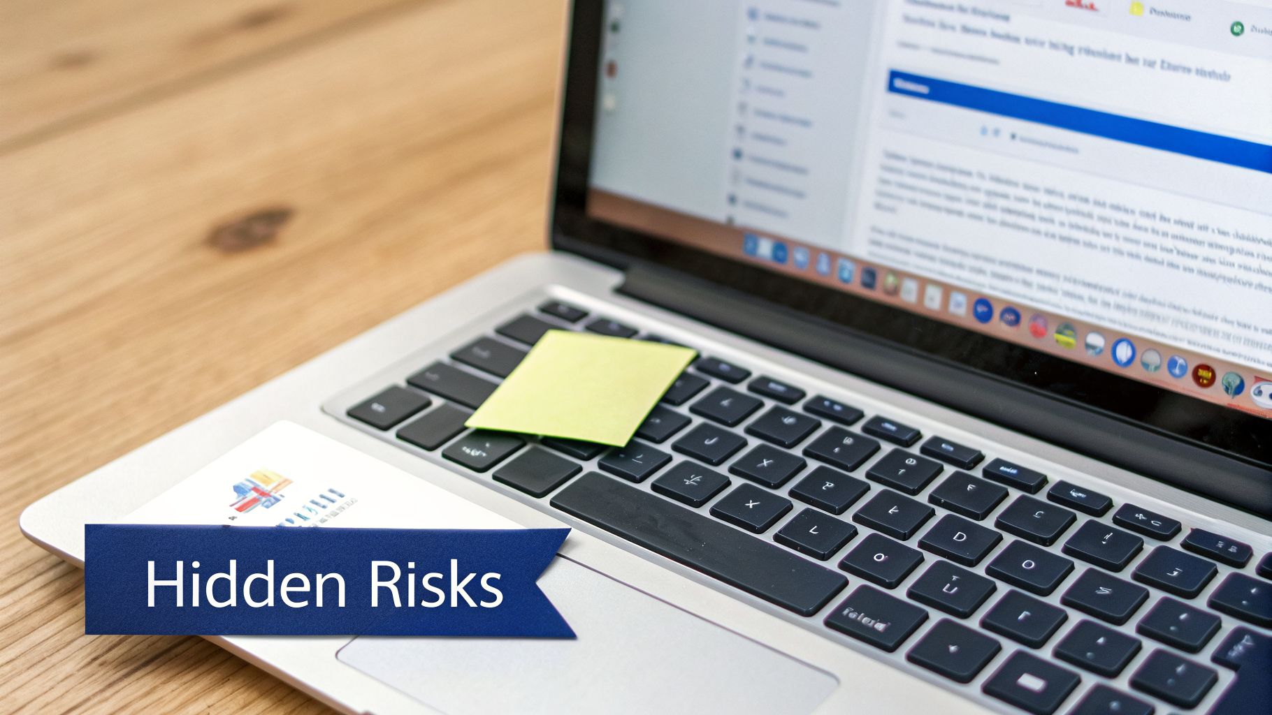 A laptop on a wooden desk with a yellow sticky note and a 'Hidden Risks' banner.