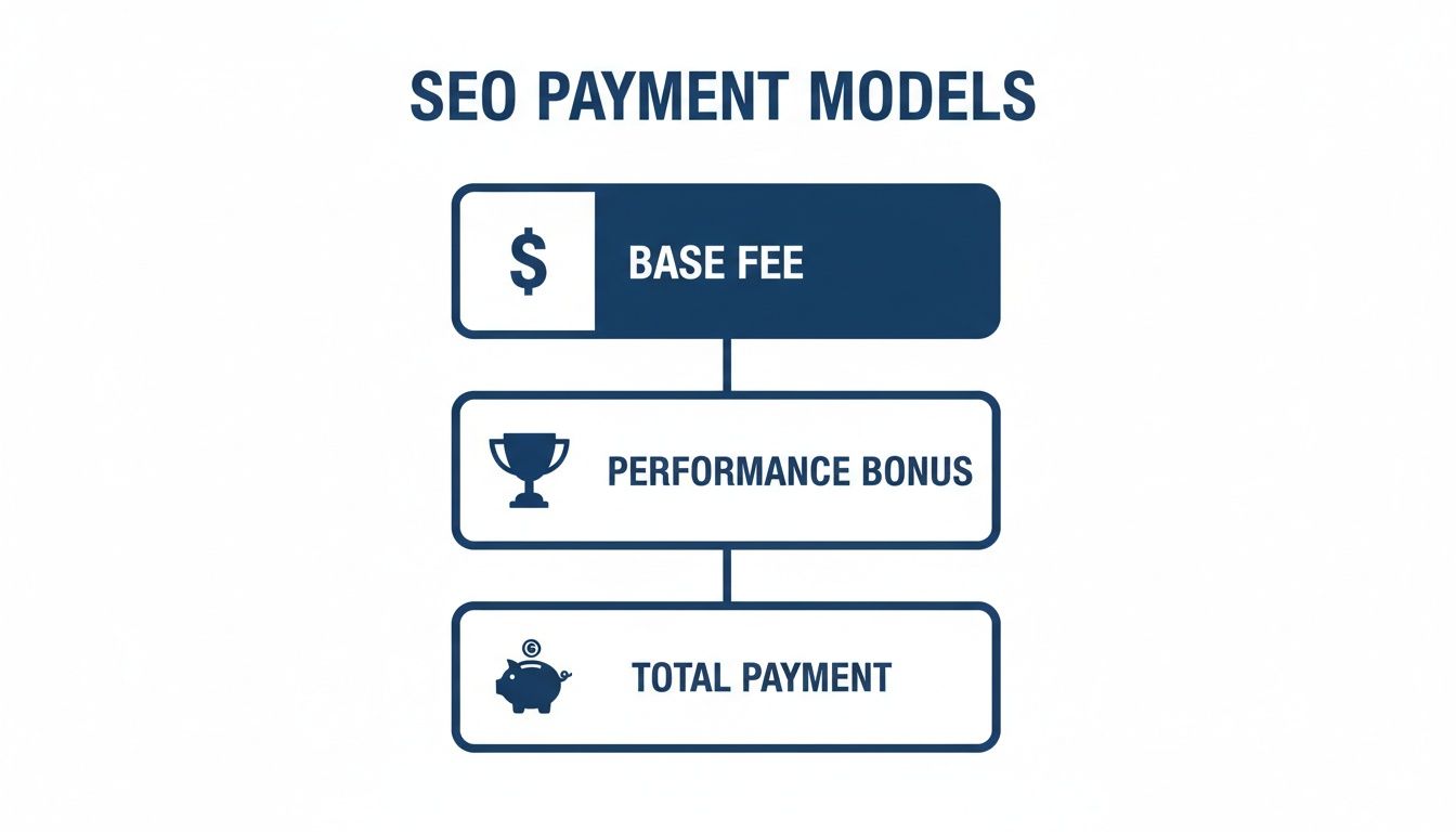 Flowchart illustrating SEO payment models: Base Fee and Performance Bonus combine for Total Payment.