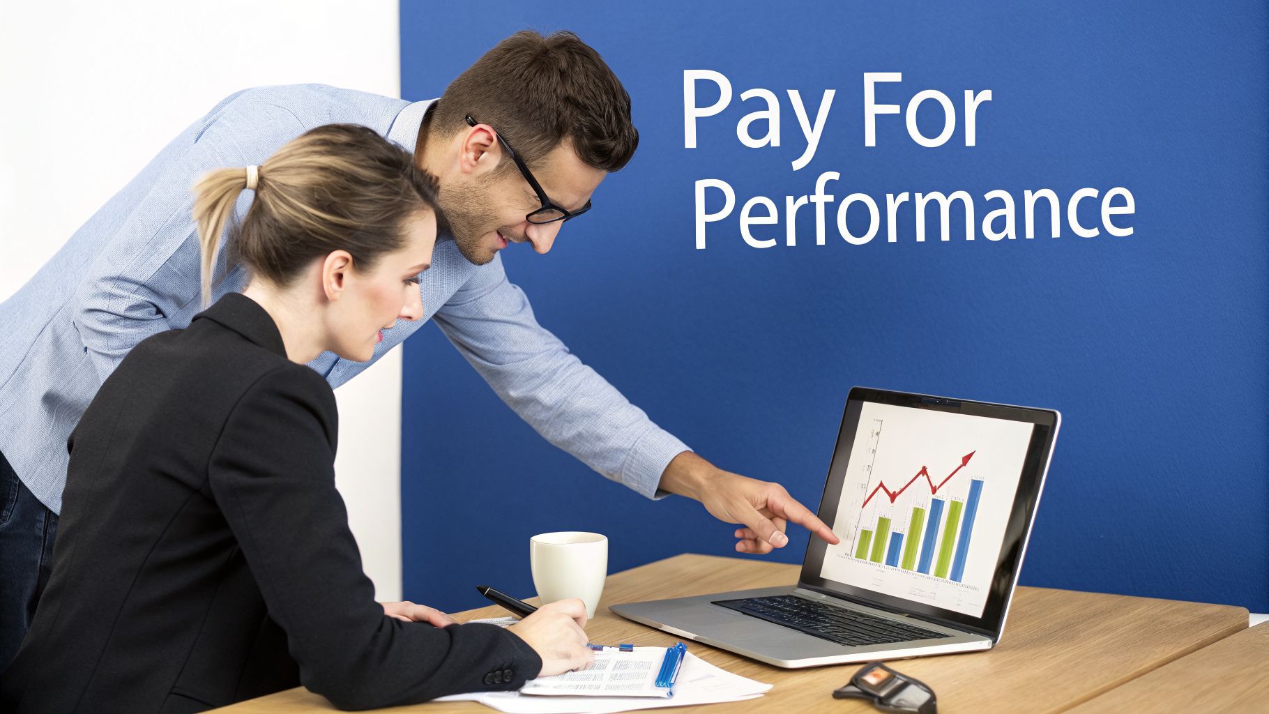 Two business professionals collaborating, analyzing performance data on a laptop, with 'Pay For Performance' text.