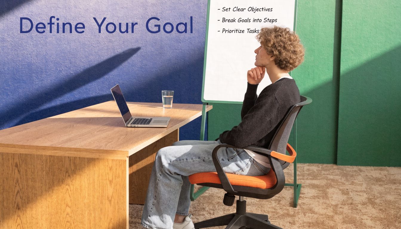 A young person with curly hair sits at a desk thoughtfully reviewing goal-setting notes on a whiteboard.
