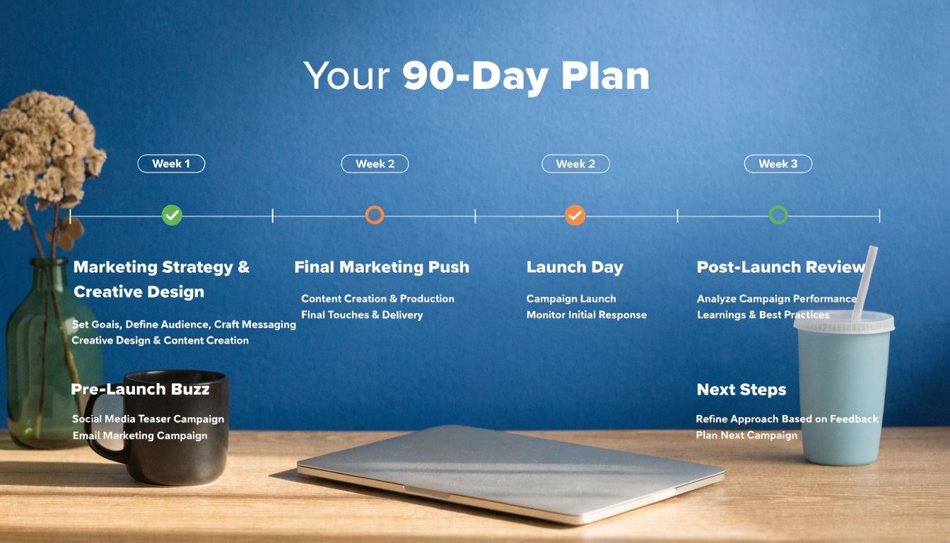 A 90-day digital marketing plan infographic featuring strategic phases on a professional desk setup background.