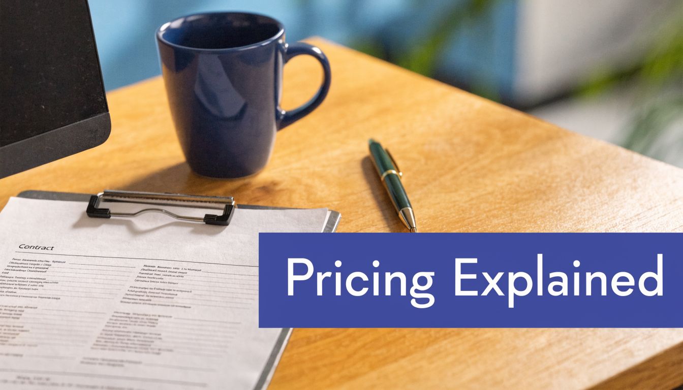A professional desk workspace featuring a contract on a clipboard, a blue mug, and a fountain pen.