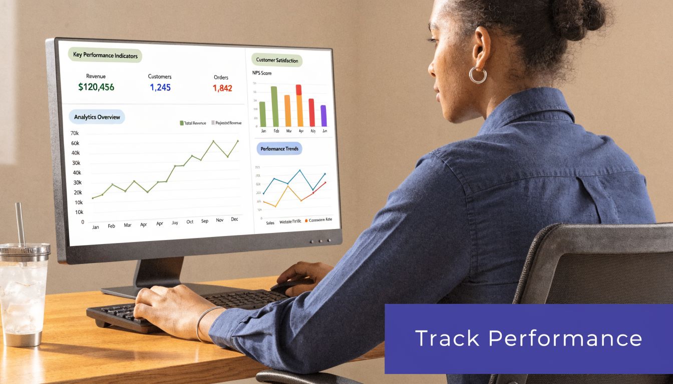A professional woman working at a computer desk viewing business performance analytics on her monitor.
