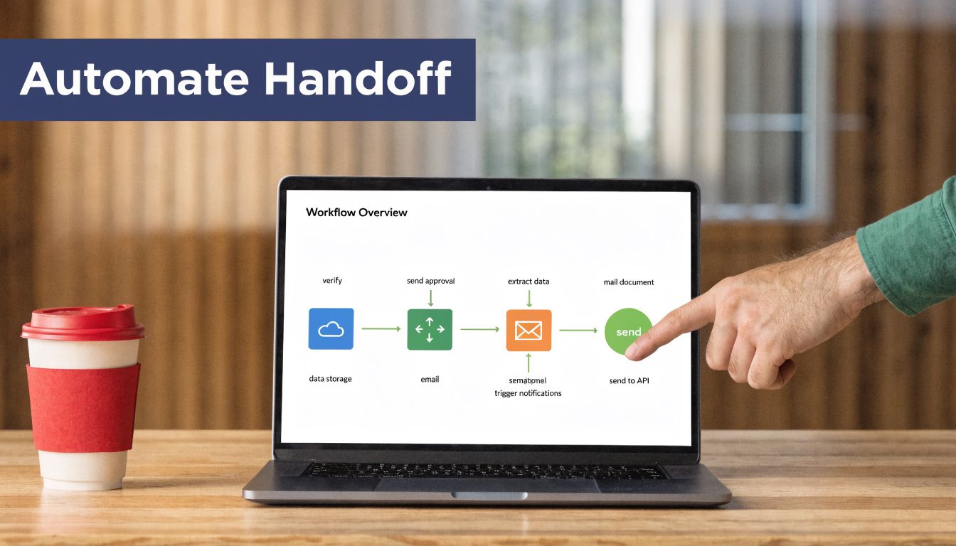 A person pointing at a workflow automation diagram on a laptop screen in a bright office.