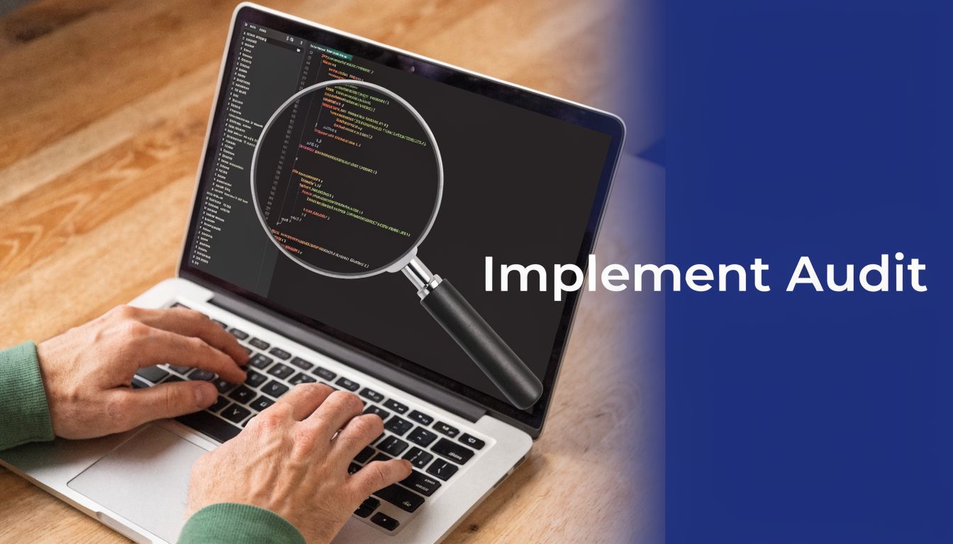 A person types code on a laptop while a magnifying glass highlights the source code onscreen.