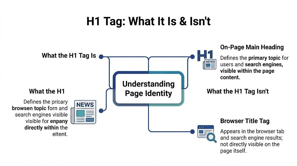 An infographic explaining that an H1 tag is an on-page main heading, distinct from a browser title tag.