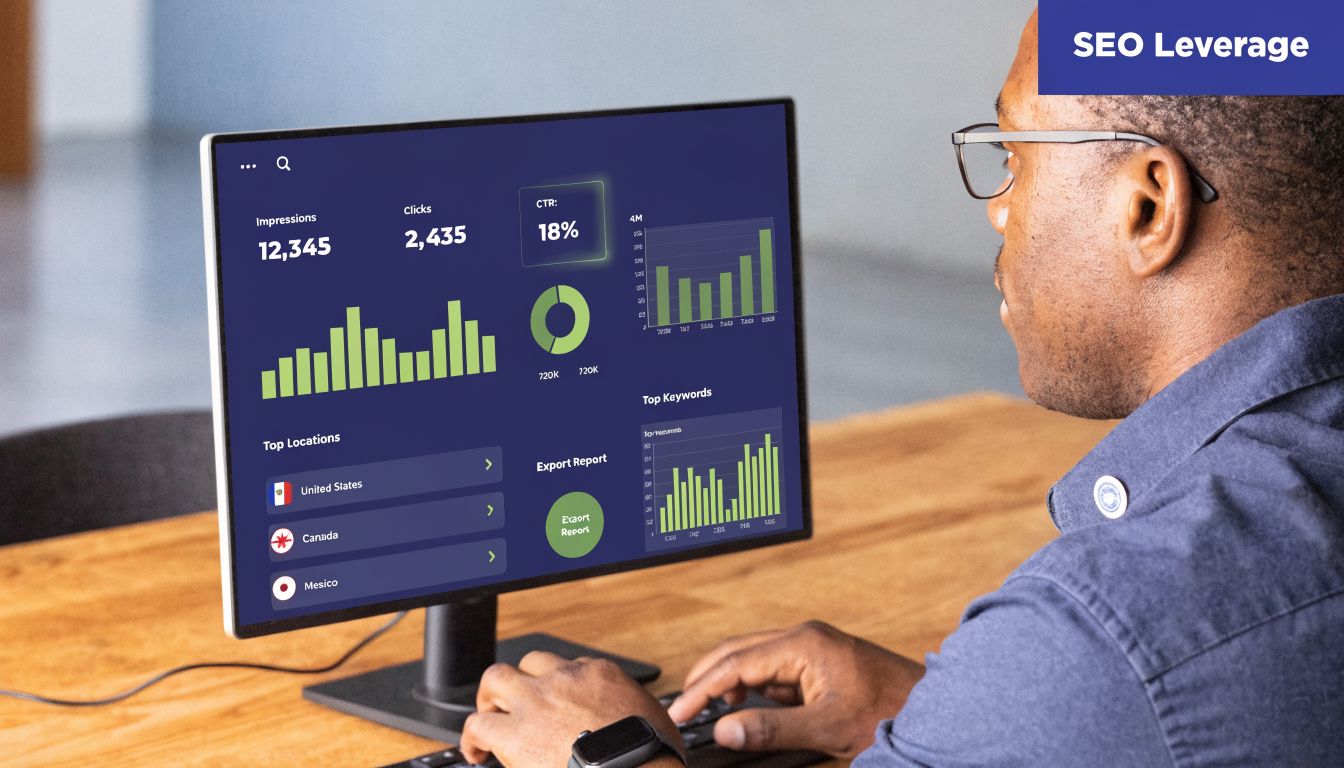 A professional analyzing SEO analytics data on a computer monitor with charts and performance metrics displayed.