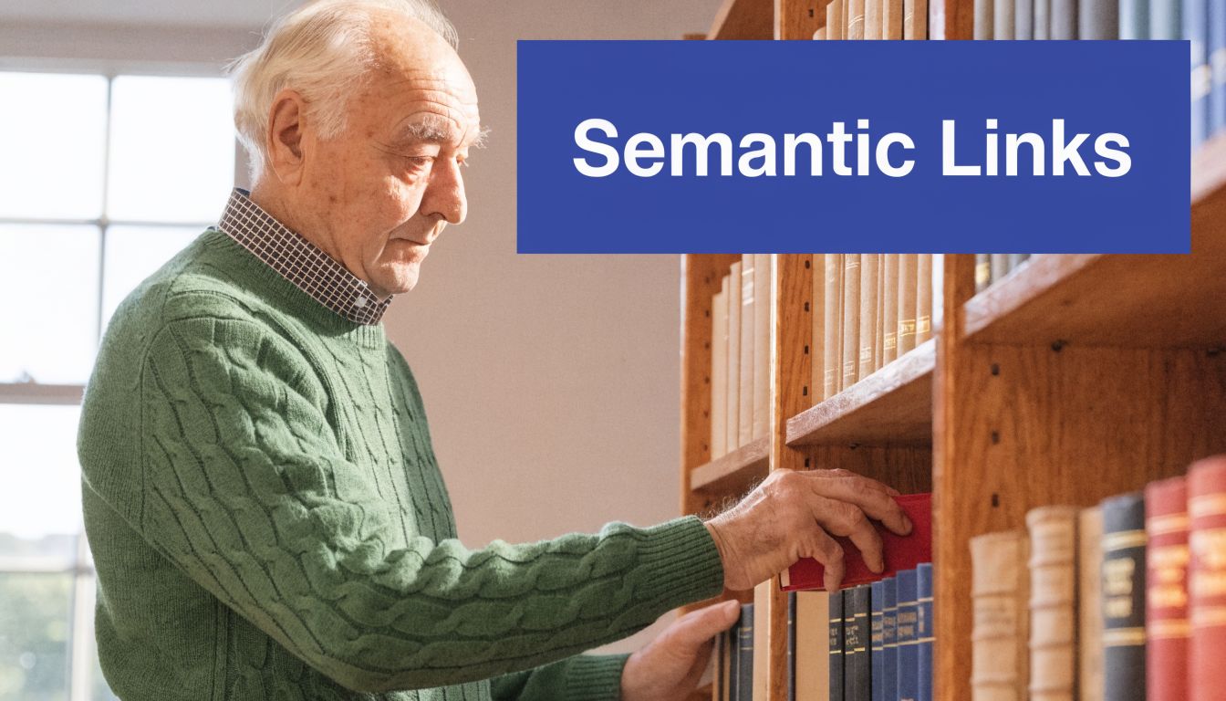 An elderly man in a green sweater selecting a book from a wooden bookshelf in a library.