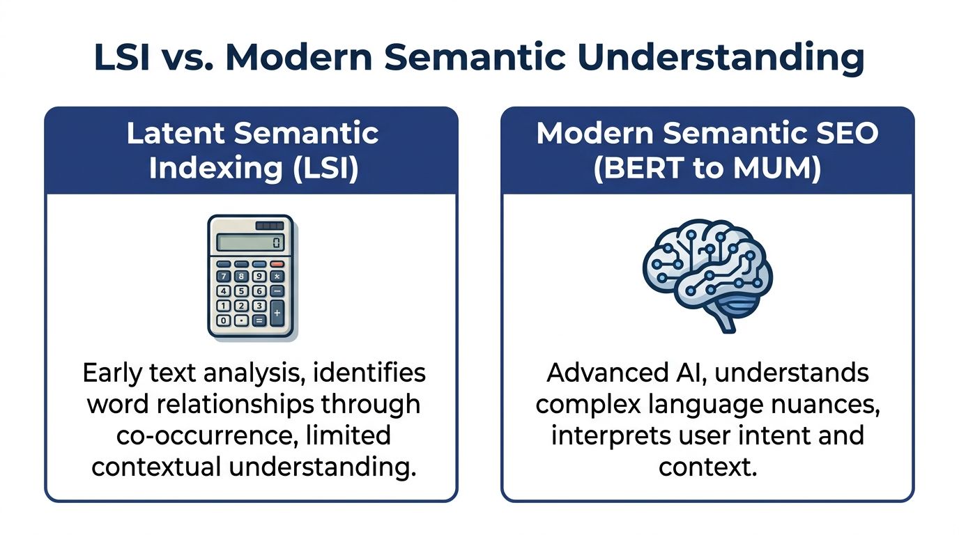 A comparison chart showing the evolution from LSI keywords to modern AI-driven semantic search understanding.