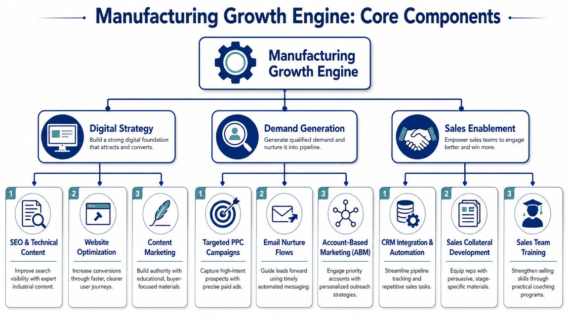 A diagram illustrating the core components of a manufacturing growth engine, including digital strategy, demand generation, and sales enablement.