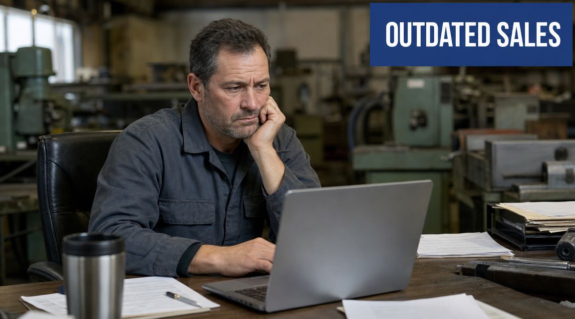 A concerned manufacturing business owner looking at his laptop while sitting in a cluttered machine shop.
